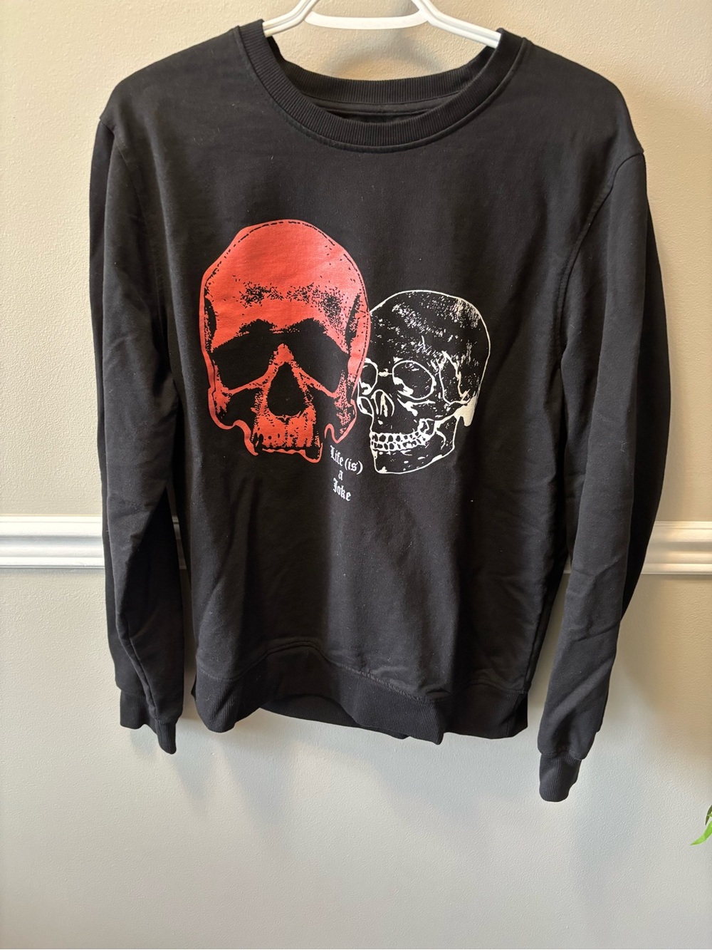 Black Crewneck Sweatshirt with Red & White Skull Graphic